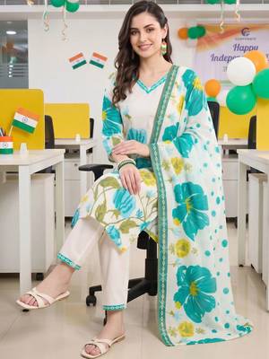 women floral printed regular cotton kurta with trousers & with dupatta 1