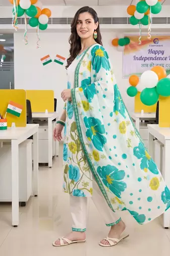 women floral printed regular cotton kurta with trousers & with dupatta