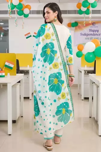 women floral printed regular cotton kurta with trousers & with dupatta