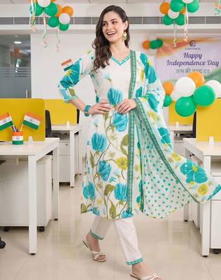 women floral printed regular cotton kurta with trousers & with dupatta 5