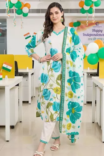 women floral printed regular cotton kurta with trousers & with dupatta