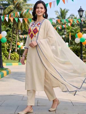 women ethnic motifs embroidered regular thread work liva kurta with trousers & with dupatta 1