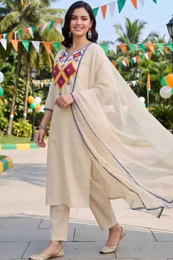 women ethnic motifs embroidered regular thread work liva kurta with trousers & with dupatta