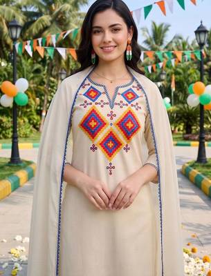 women ethnic motifs embroidered regular thread work liva kurta with trousers & with dupatta 2