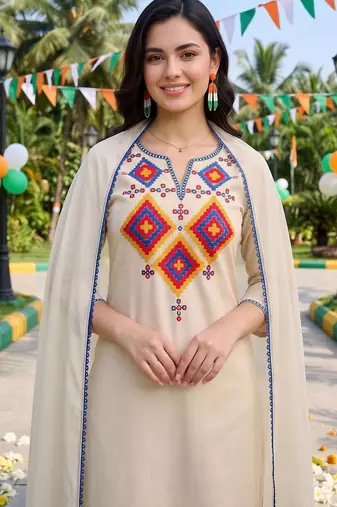 women ethnic motifs embroidered regular thread work liva kurta with trousers & with dupatta