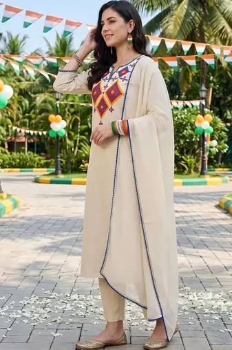 women ethnic motifs embroidered regular thread work liva kurta with trousers & with dupatta