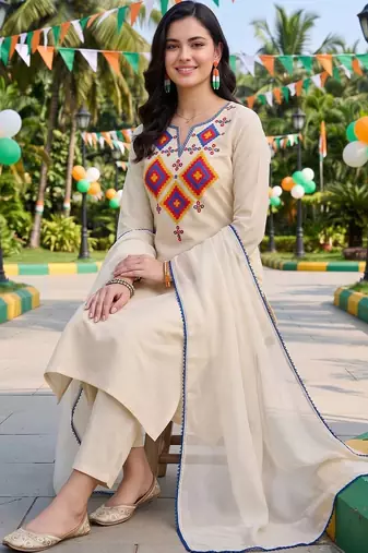 women ethnic motifs embroidered regular thread work liva kurta with trousers & with dupatta