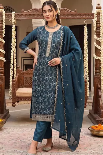 women ethnic motifs embroidered regular thread work kurta with trousers & with dupatta