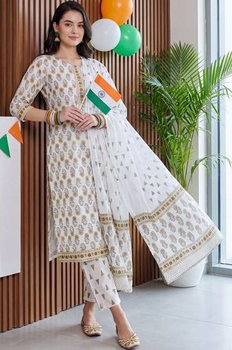 women ethnic motifs printed regular cotton kurta with trousers & with dupatta