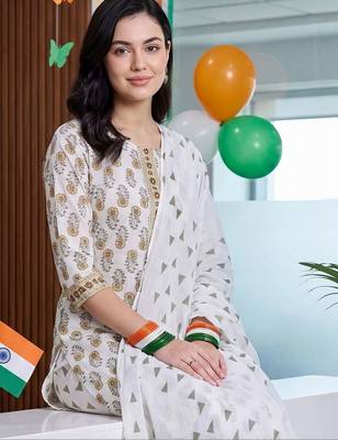 women ethnic motifs printed regular cotton kurta with trousers & with dupatta 5