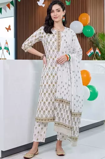 women ethnic motifs printed regular cotton kurta with trousers & with dupatta