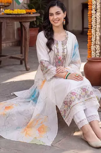 women floral embroidered regular thread work liva kurta with trousers & with dupatta