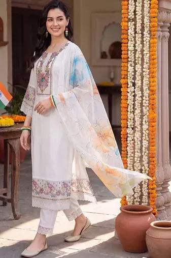 women floral embroidered regular thread work liva kurta with trousers & with dupatta