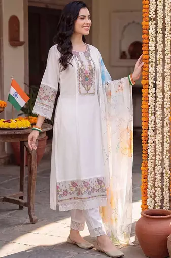 women floral embroidered regular thread work liva kurta with trousers & with dupatta