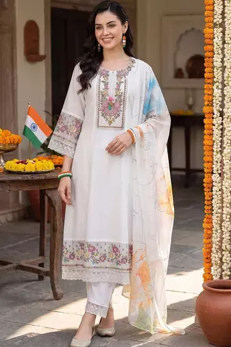 women floral embroidered regular thread work liva kurta with trousers & with dupatta