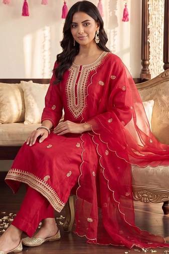 women ethnic motifs embroidered regular thread work kurta with trousers & with dupatta