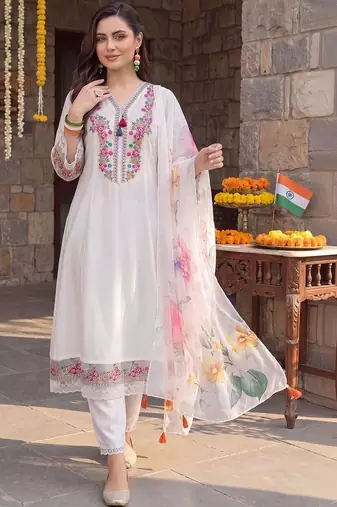 women floral embroidered regular thread work kurta with trousers & with dupatta