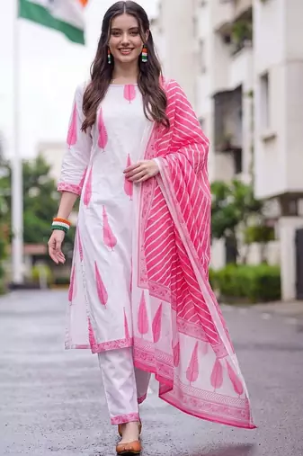 women ethnic motifs printed regular cotton kurta with trousers & with dupatta