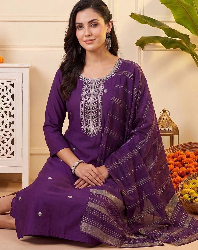 women ethnic regular thread work kurta with trousers & with dupatta