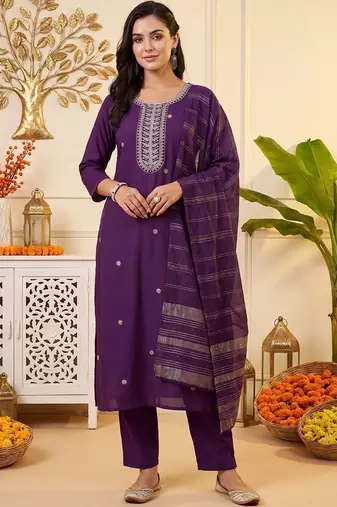 women ethnic regular thread work kurta with trousers & with dupatta