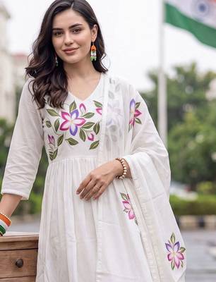 women floral printed empire cotton kurta with trousers & with dupatta 2