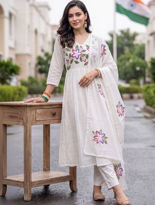 women floral printed empire cotton kurta with trousers & with dupatta 6