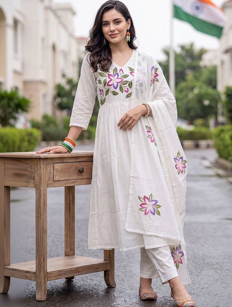 women floral printed empire cotton kurta with trousers & with dupatta