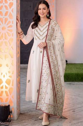 women ethnic motifs embroidered regular thread work cotton kurta with trousers & with dupatta