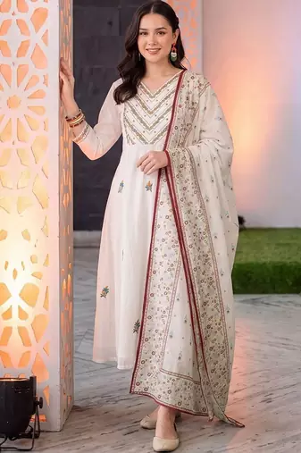 women ethnic motifs embroidered regular thread work cotton kurta with trousers & with dupatta