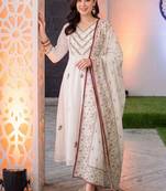 women ethnic motifs embroidered regular thread work cotton kurta with trousers & with dupatta