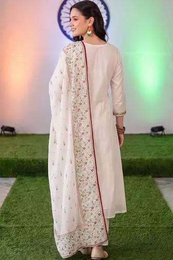 women ethnic motifs embroidered regular thread work cotton kurta with trousers & with dupatta