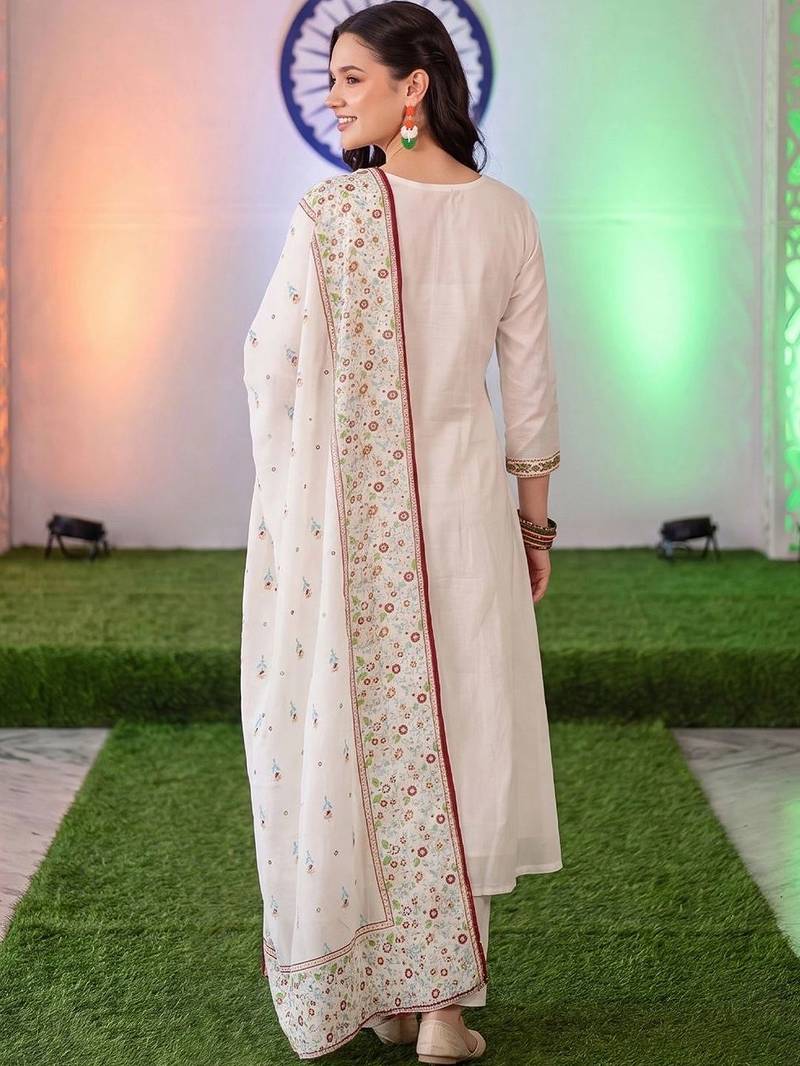 women ethnic motifs embroidered regular thread work cotton kurta with trousers & with dupatta