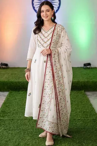 women ethnic motifs embroidered regular thread work cotton kurta with trousers & with dupatta