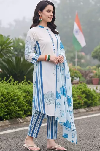 women floral printed regular cotton kurta with trousers & with dupatta