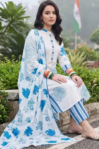 women floral printed regular cotton kurta with trousers & with dupatta