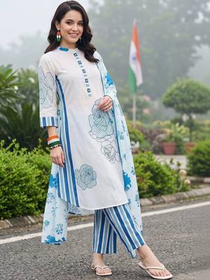 women floral printed regular cotton kurta with trousers & with dupatta 6