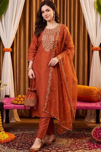 women ethnic motifs embroidered regular thread work liva kurta with trousers & with dupatta