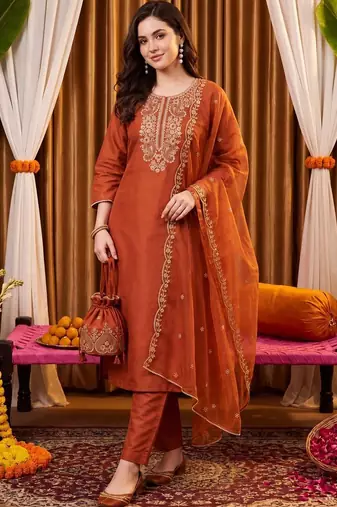 women ethnic motifs embroidered regular thread work liva kurta with trousers & with dupatta
