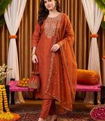 women ethnic motifs embroidered regular thread work liva kurta with trousers & with dupatta