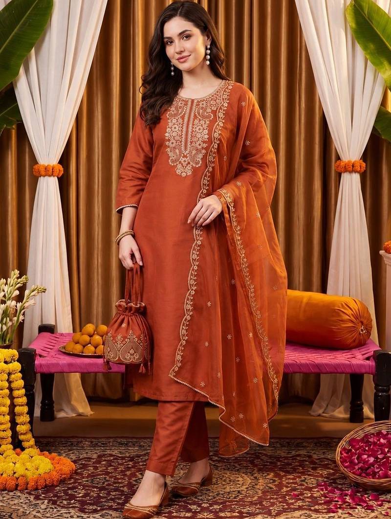 women ethnic motifs embroidered regular thread work liva kurta with trousers & with dupatta