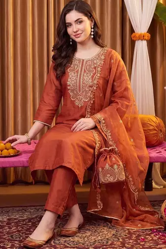 women ethnic motifs embroidered regular thread work liva kurta with trousers & with dupatta