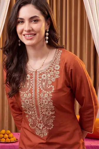 women ethnic motifs embroidered regular thread work liva kurta with trousers & with dupatta