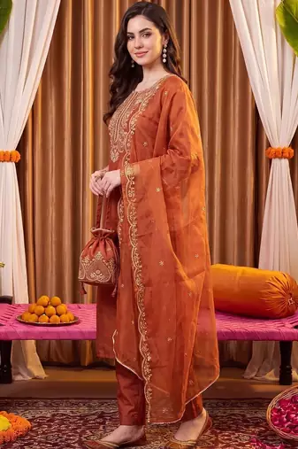 women ethnic motifs embroidered regular thread work liva kurta with trousers & with dupatta
