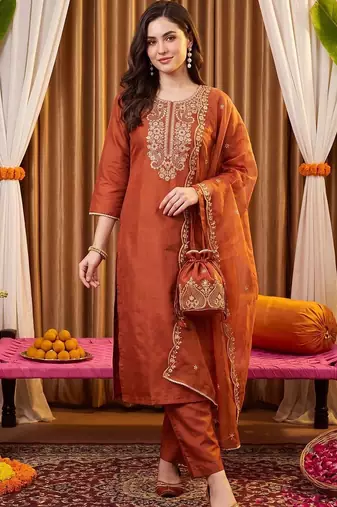 women ethnic motifs embroidered regular thread work liva kurta with trousers & with dupatta