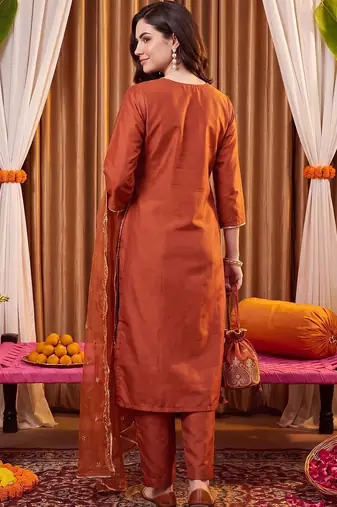women ethnic motifs embroidered regular thread work liva kurta with trousers & with dupatta