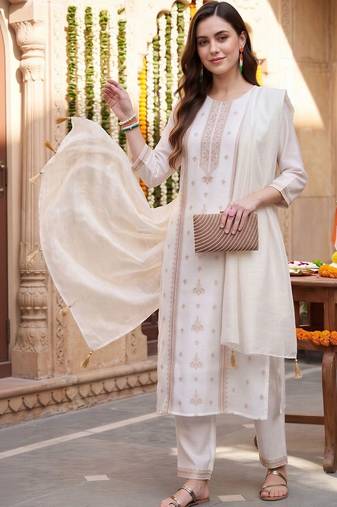 women ethnic motifs embroidered regular thread work kurta with trousers & with dupatta