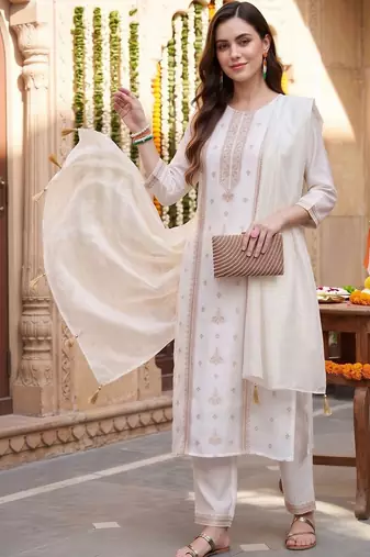 women ethnic motifs embroidered regular thread work kurta with trousers & with dupatta