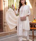 women ethnic motifs embroidered regular thread work kurta with trousers & with dupatta