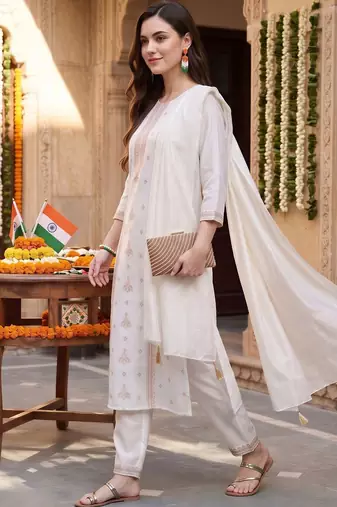 women ethnic motifs embroidered regular thread work kurta with trousers & with dupatta