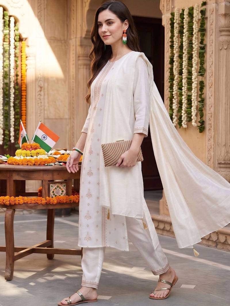 women ethnic motifs embroidered regular thread work kurta with trousers & with dupatta